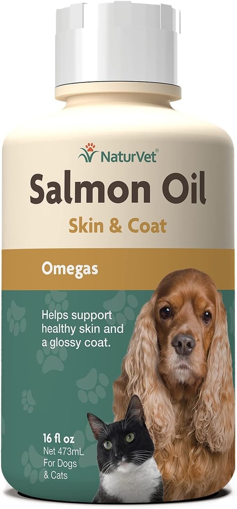 NaturVet Salmon Oil Skin Supplement for Hunde & Katte - Inkluderer Omega-3, 6 Fedtsyrer - For Sund Hud, Glossy Coats - Hunde Coat Supplement, Kat Skin Supplement - 16 Oz.