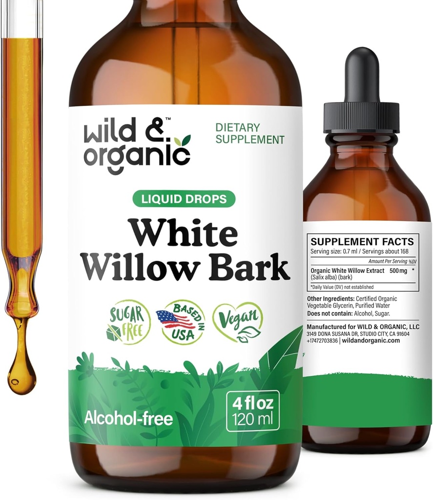 Wild & Organic White Willow Bark Tinktur - Flydende supplement til total support - Alkohol & Sugar- Free White Willow Extract Drops - Salix Alba Bark - Vegan, Ingen tilsætningsstoffer - 4 fl oz