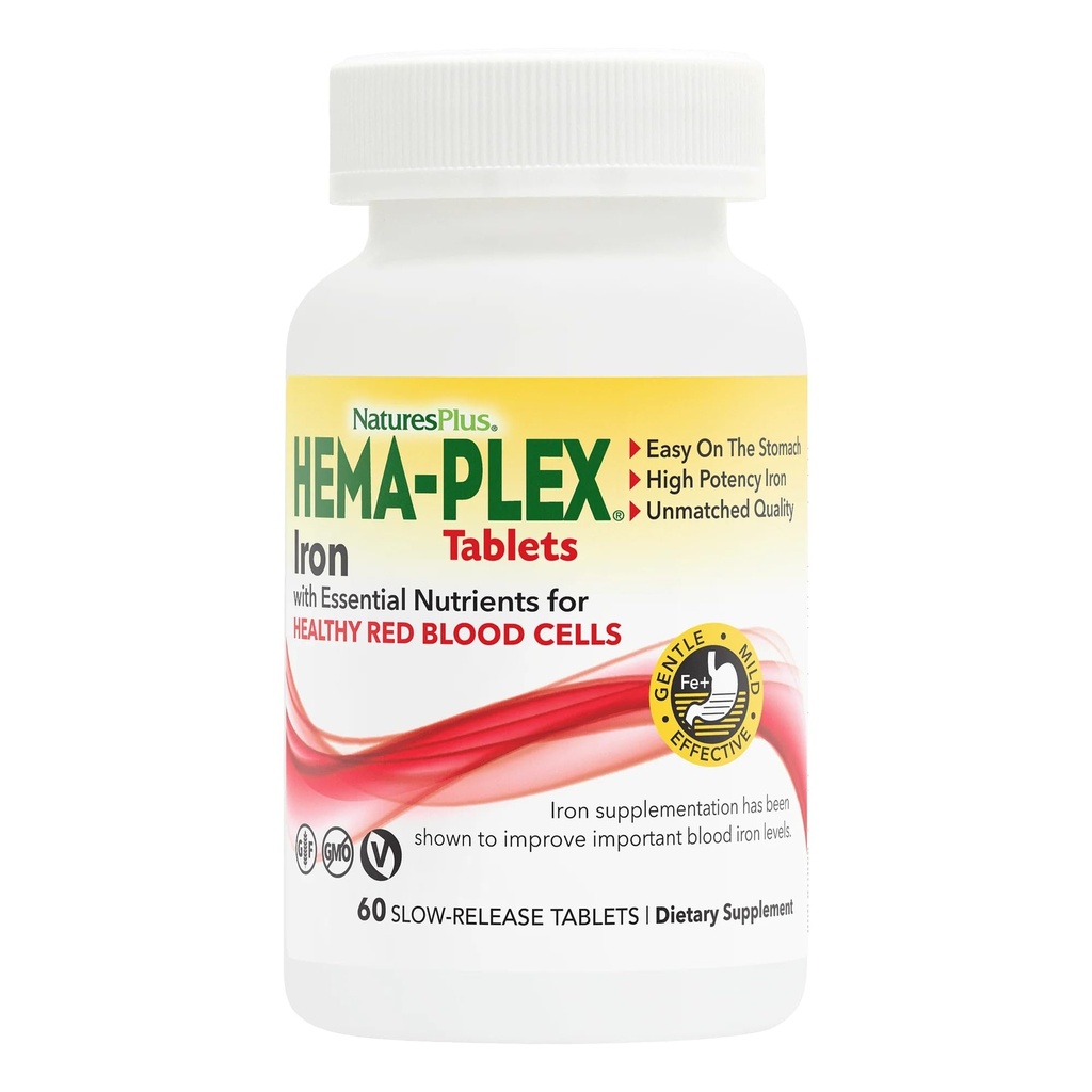 NaturesPlus Hema- Plex Iron - 60 tabletter - 85 mg Elementær Iron + C-vitamin & bioflavonoider til sunde røde blodceller - Vegan, Gluten Free - 30 Servere