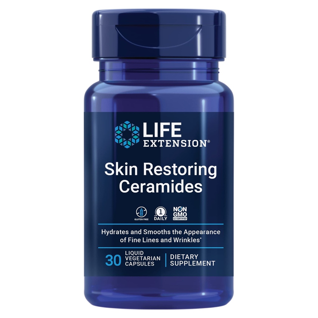 Life Extension Skin Restoring Ceramides* – Wheat Oil Extract – Hydrates & Smooths the Appearance of Fine Lines & Wrinkles – Gluten-Free, Non-GMO, 1-Daily, Vegetarian – 30 Liquid Capsules