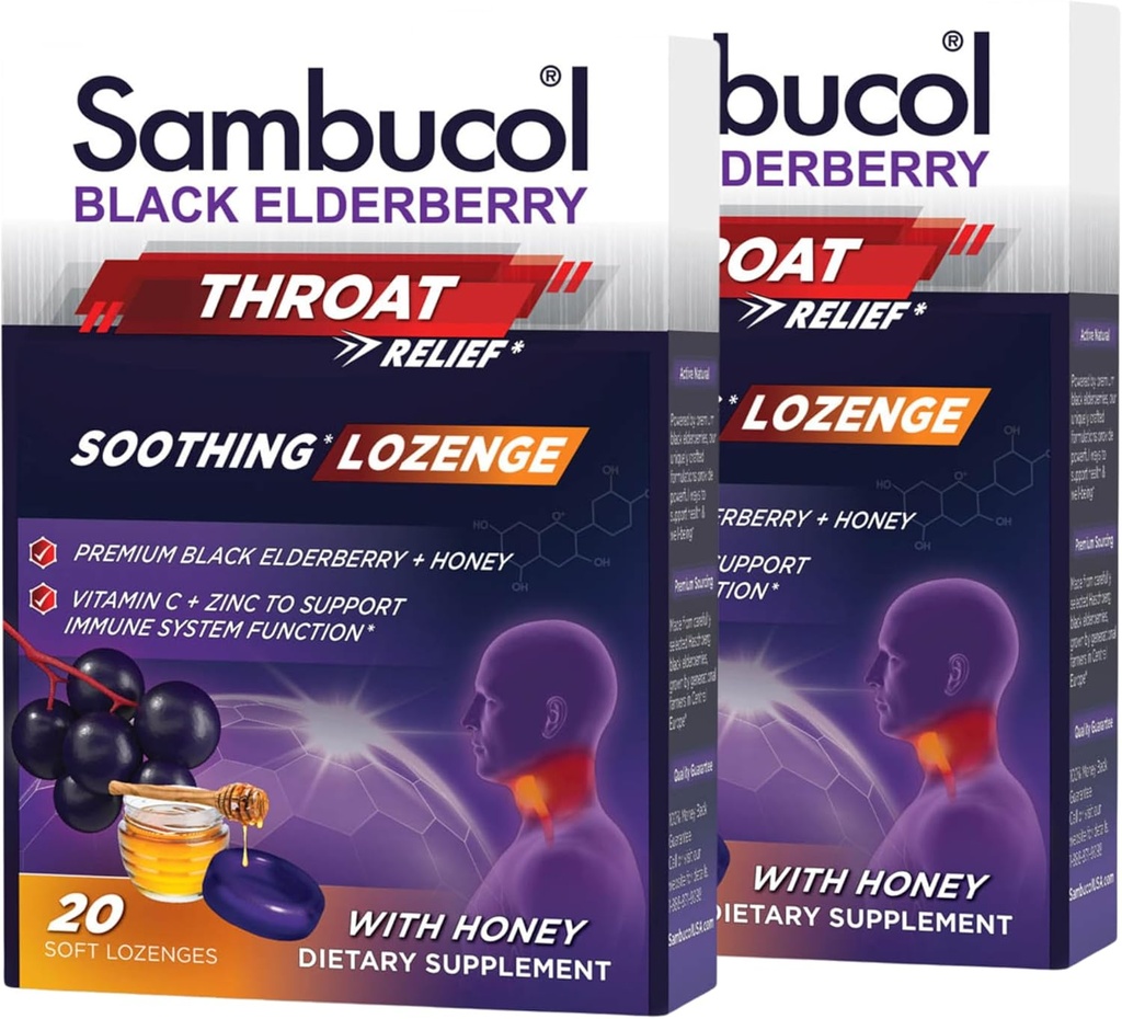 Sambucol Black Elderberry Throat Lozenge - med honning, C-vitamin og zink, Elderberry Lozenges Sore Throat & Hough, Lindes Scratchy Throat, Understøtter Immunitet, Soft & Chewy - 20 Greve, 2-Pack
