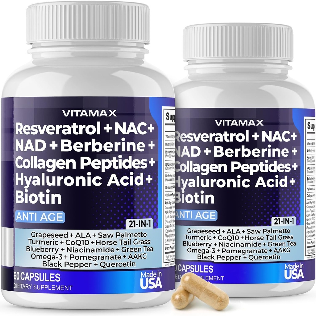 Vitamax Resveratrol NAD + Berberine Hyaluronic Acid - Biotin Grape & Blåbær + NAC - Collagen Peptider - hår, søm, hud & fælles tillæg - 21-in-1 Kvinder og mænd - Made in USA - 120 Greve