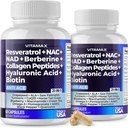 Vitamax Resveratrol NAD + Berberine Hyaluronic Acid - Biotin Grape & Blåbær + NAC - Collagen Peptider - hår, søm, hud & fælles tillæg - 21-in-1 Kvinder og mænd - Made in USA - 120 Greve