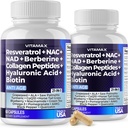 Vitamax Resveratrol NAD + Berberine Hyaluronic Acid - Biotin Grape & Blåbær + NAC - Collagen Peptider - hår, søm, hud & fælles tillæg - 21-in-1 Kvinder og mænd - Made in USA - 120 Greve