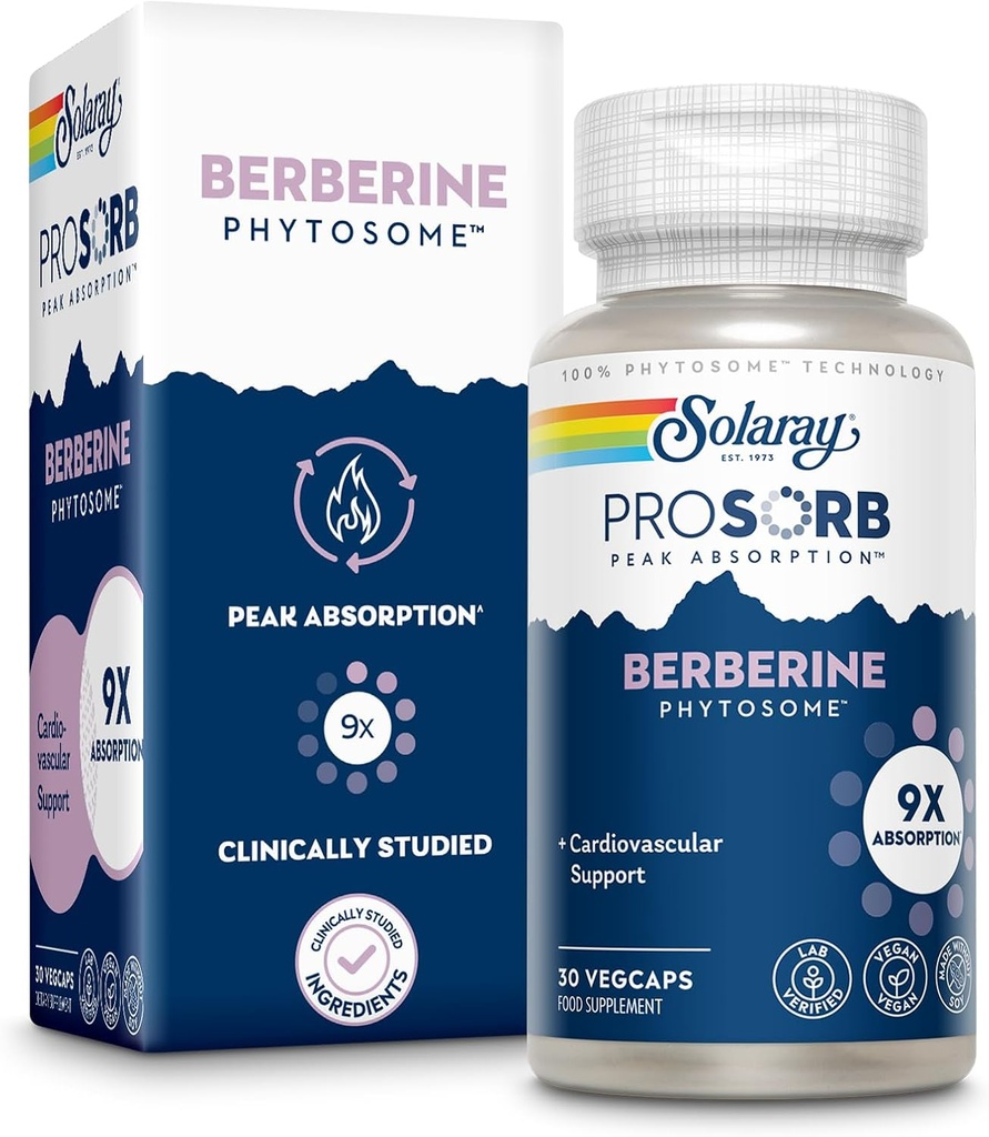SOLARAY Berberine Phytosome - 9X Absorption og Easy- to- Digest - Standardiseret til 30% Berberine HCl - Vegan, Made without Soy - 60- Day Garanti - 30 Servere, 30 VegCaps