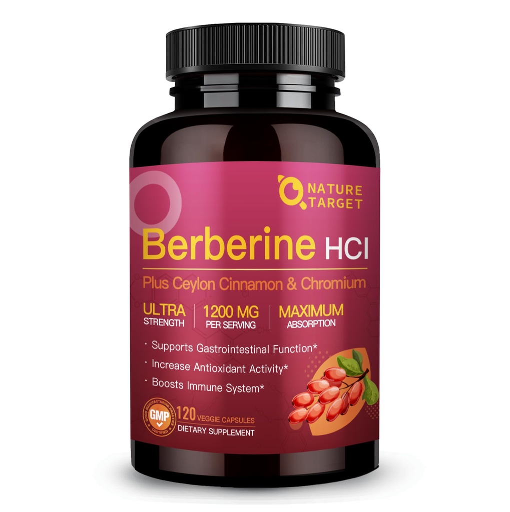 NATUR TARGET Berberine HCl 1200mg, Berberine supplement med Ceylon kanel, Chrom - understøtter immunforsvar, Gastrointestinal & Heart Health, non- GMO, 120 kapsler