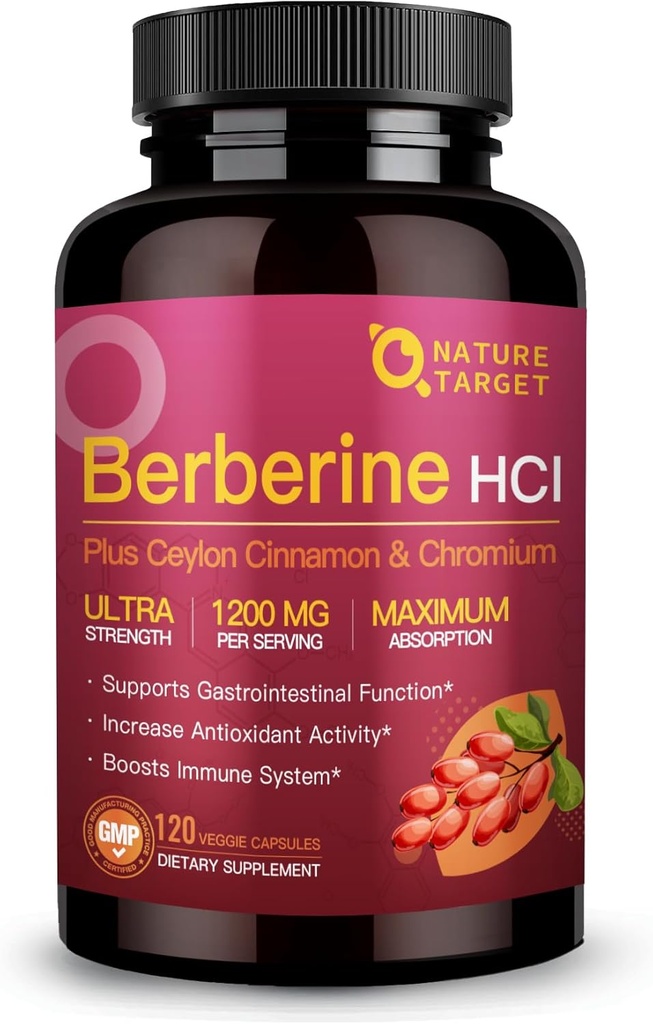 NATURE TARGET Berberine HCl 1200mg, Berberine Supplement with Ceylon Cinnamon, Chromium - Supports Immune, Gastrointestinal & Heart Health, Non-GMO, 120 Capsules