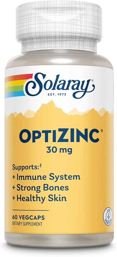 SOLARAY OptiZink 30mg immunforsvar supplement - Zink kosttilskud til mænd og kvinder w / vitamin B6 - stærke knogler og hud sundhed støtte - høj absorption - 60- dag garanti, 60 Servering, 60 VegCaps