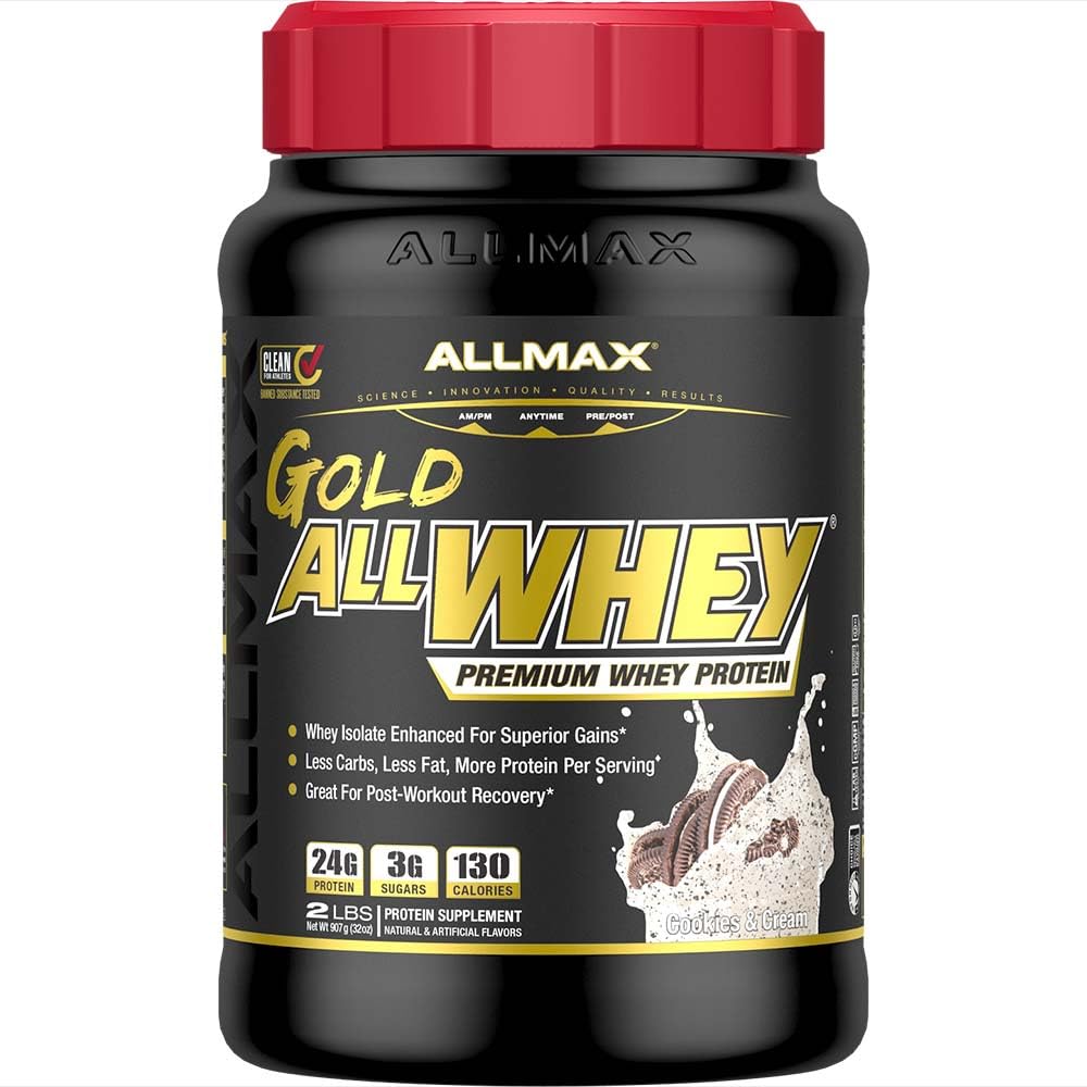 ALLMAX Nutrition Gold ALLWHEY, Cookies & Cream - 2 LB - 24 gram protein pr. Scoop - Gluten Free, Lavcarb & Lavsukker - ca. 30 Servere