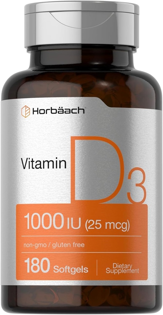 Horbäach Vitamin D3 1000IE (25mcg) Softgels ttesmå 124; 180 Greve 124; High Potency Formel 124; Non- GMO & Gluten Free Supplement