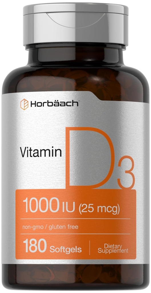 Horbäach Vitamin D3 1000IE (25mcg) Softgels ttesmå 124; 180 Greve 124; High Potency Formel 124; Non- GMO & Gluten Free Supplement