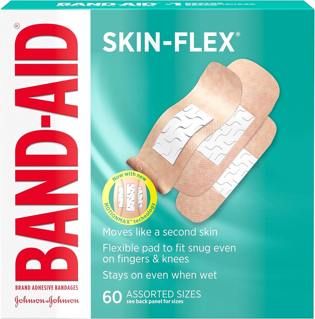 Band- Aid Brand Skin- Flex Adhesive Bandages for Førstehjælp & Sårpleje af Minor Cuts, Scrapes & Burns, Fleksible Steril Bandages Great for Fingers, Hands & Knees, Assorterede størrelser, 60 ct