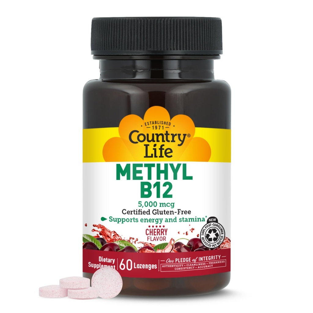 Country Life Methyl B12, Understøtter Energy & Stamina, 5.000mcg, 60 Lozenges, Certified Gluten Free, Certified Vegan, Certified Non- GMO Verified