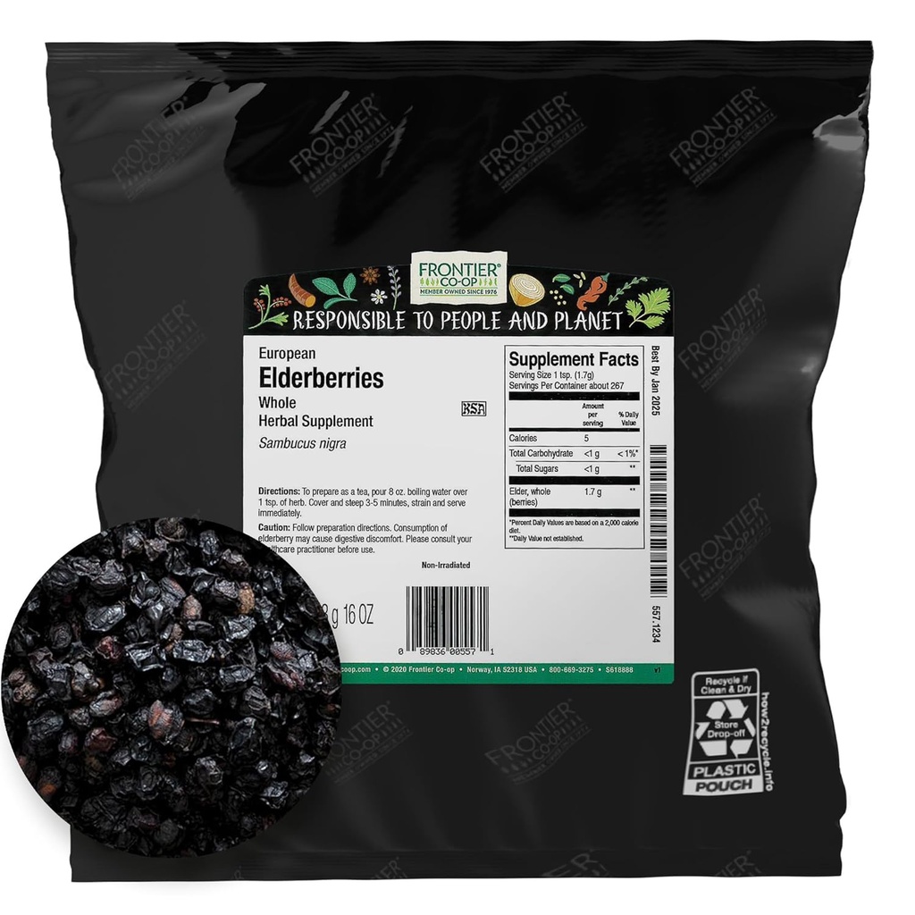 Frontier Co- op Tørrede hyldebær, 2lb Bulk Bag, Hele bær - Kosher og ikke-GMO Tørret frugt til hyldebær pulver, te og syrup