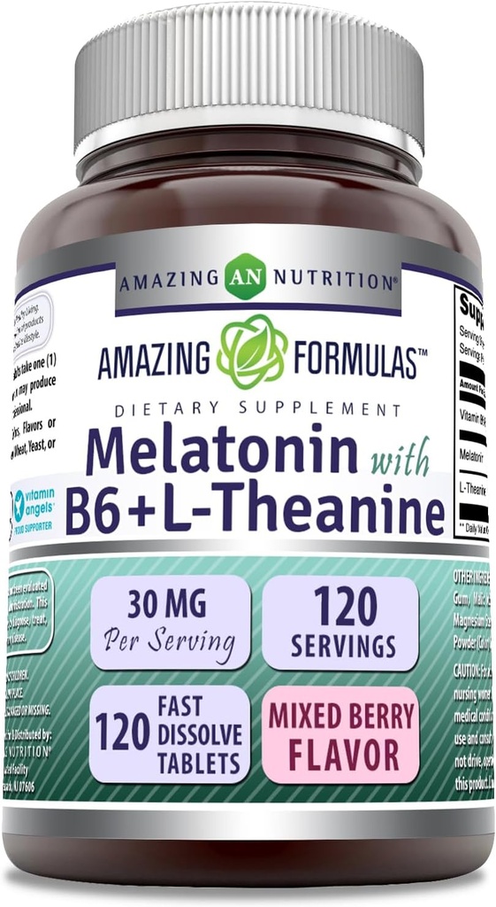 Amazing Formulas Melatonin med vitamin B6 + L- Theanin Supplement øb 124; 30 Mg per servering