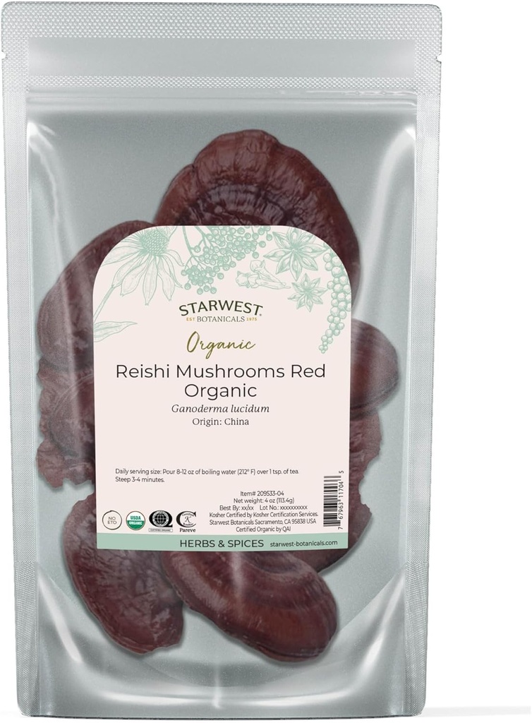 Starwest Botanicals Red Reishi Mushrooms Whole Organic - Tørret Reishi Mushrooms for Herbal Tea & Madlavning, Ganoderma Lucidum, Certified Kosher, Non- GMO - 4 oz Pouch