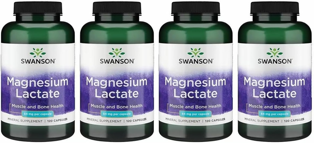Swanson Magnesiumlactat - Mineraltilskud til fremme af muskel - og benhelbredskontrol - Lactosefri lactat Mineral Form for Gentle Absorption - (120 kapsler, 84mg hver) 4 pakning