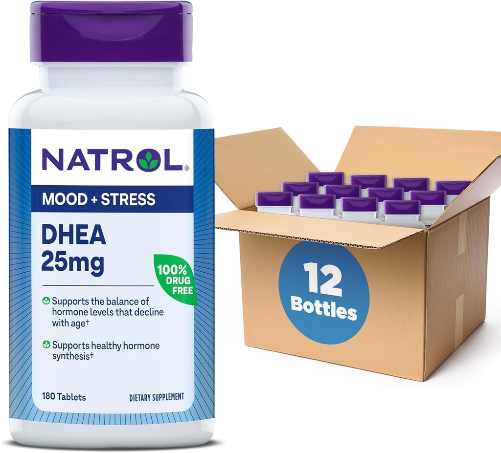 Natrol Mood & Stress DHEA 25mg med Calcium, Kosttilskud til Balance af visse Hormoner Niveau og Mood Support, 180 tabletter, 180 dages forsyning (pakke med 12)