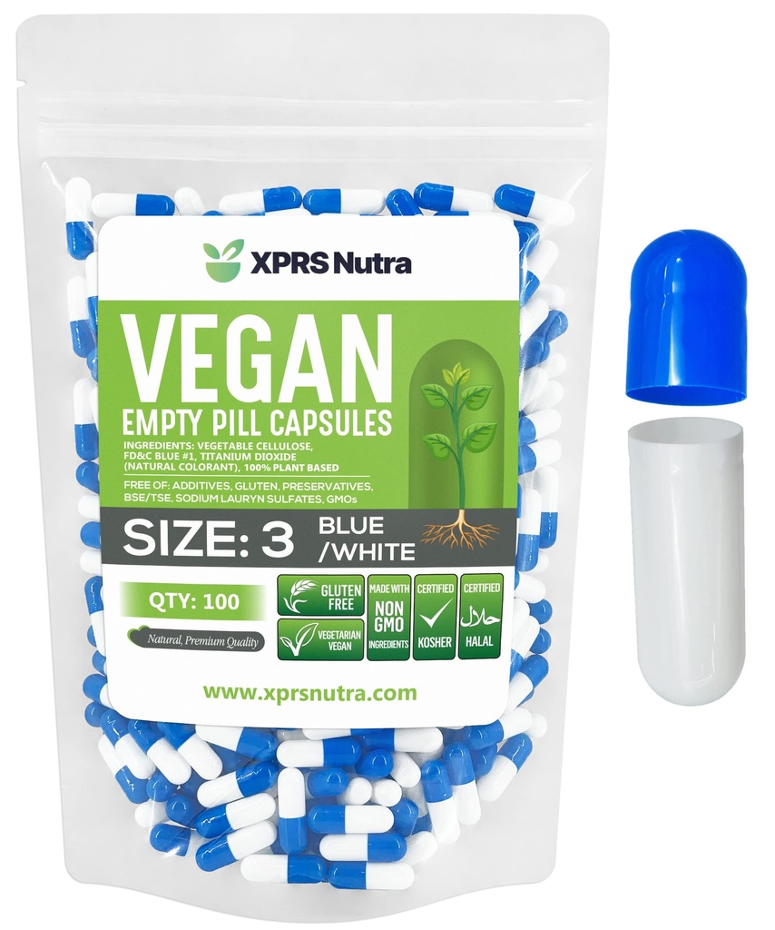 XPRS Nutra Størrelse 3 Tomme kapsler - 100 Grev Vegansk - Vegetarisk Tomme piller Kapsler - DIY Vegetabilske Kapsler Fyldning - Veggie Pille Tomme Caps (blå / hvid)