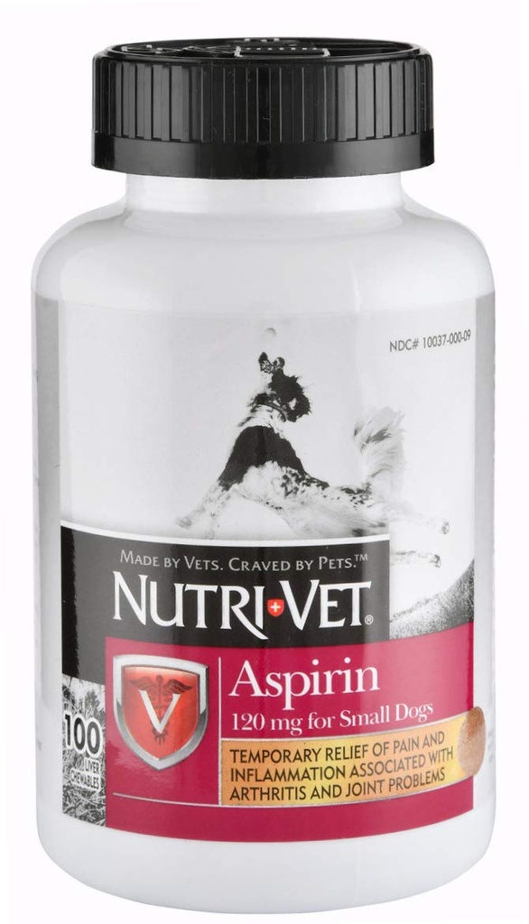 Nutri- Vet Aspirin til hunde, Hurtig smertelindring Lever Aromatiserede tyggetabletter til små hunde, 120mg - 100 Ct