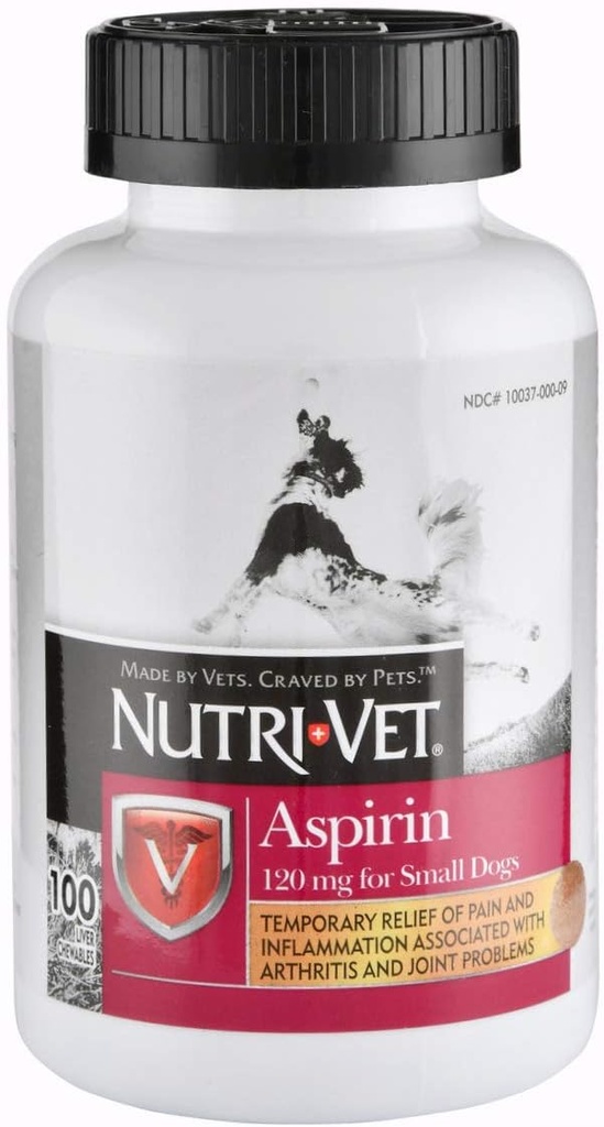 Nutri- Vet Aspirin til hunde, Hurtig smertelindring Lever Aromatiserede tyggetabletter til små hunde, 120mg - 100 Ct