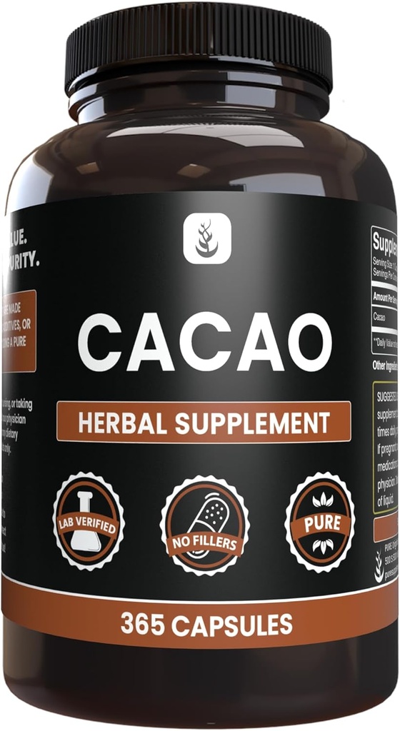 Pure Original Ingredienser Cacao (365 kapsler) Ingen Magnesium eller ris Fyldere, Altid Pure, Lab Verified