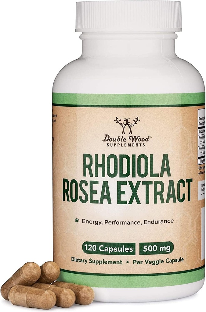 Rhodiola Rosea Supplement 500mg, 120 Vegankapsler (Tredjeparts Test, Gluten Free, 3% Salidrosides, 1% Rosavins Extract) for Performance, Calming, Motivation by Double Wood