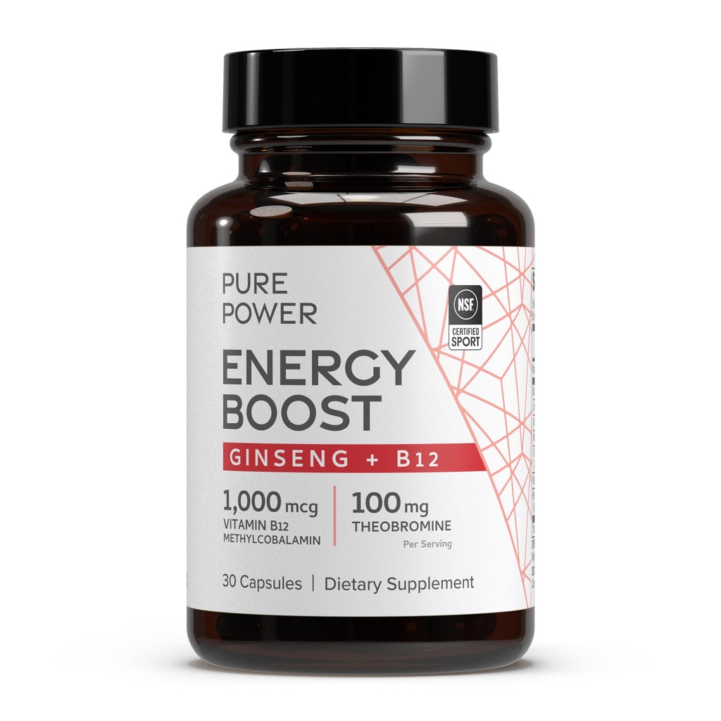 Dr. Mercola Pure Power Energy Boost, 30 Servering (30 kapsler), Ginseng + B12, Kosttilskud, øger fysisk & mental energi, ikke-GMO