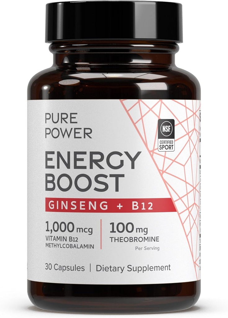 Dr. Mercola Pure Power Energy Boost, 30 Servering (30 kapsler), Ginseng + B12, Kosttilskud, øger fysisk & mental energi, ikke-GMO
