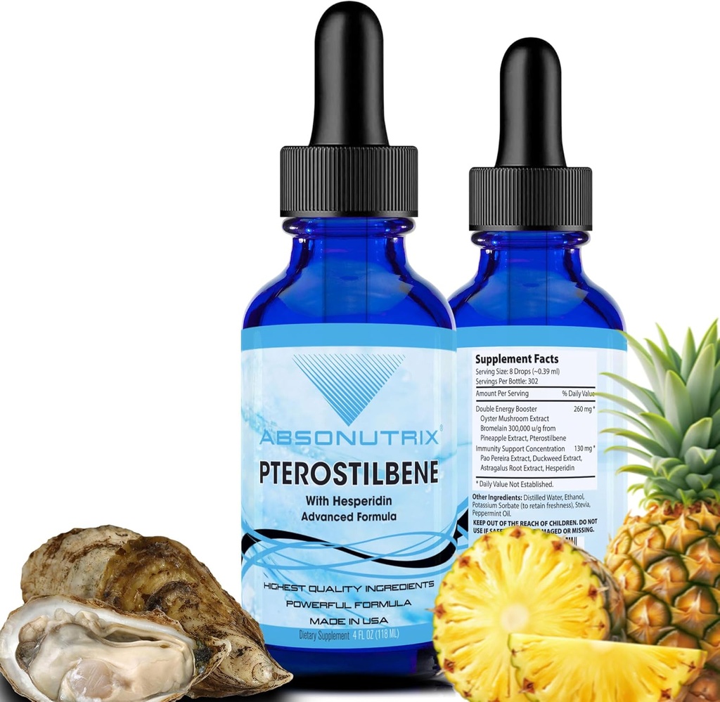 Absonutrix Pterostilben med Hesperidin 390 mg, 4 Oz Liquid, 300 Servere, Made in USA, Quick Absorption, Quality Potent Ingredients, Non- GMO, GMP Certified Facility, Cruelty- Free Products