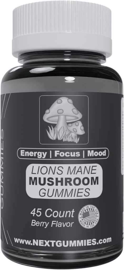 Næste Gummies 45-Greve Lions Mane Mushroom Gummies - Natural Berry- flavored Gummy Kosttilskud til Mood Boosting, Energy & Focus, Vegan, Non- GMO, 100,0 milligram