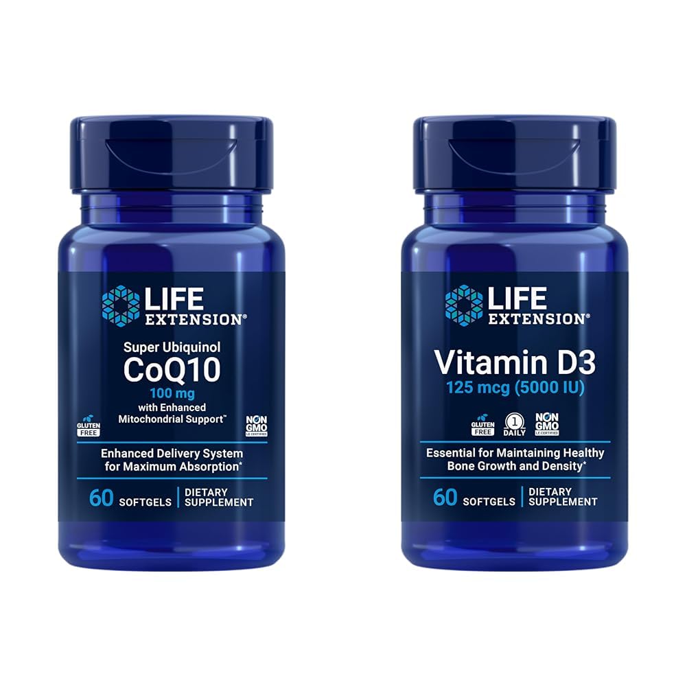 Life Extension Super Ubiquinol CoQ10 med forbedret Mitokondriel Support & D3- vitamin 125 mcg (5000 IE), Knoglesundhed