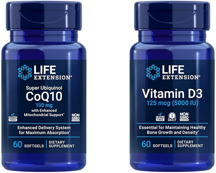 Life Extension Super Ubiquinol CoQ10 med forbedret Mitokondriel Support & D3- vitamin 125 mcg (5000 IE), Knoglesundhed