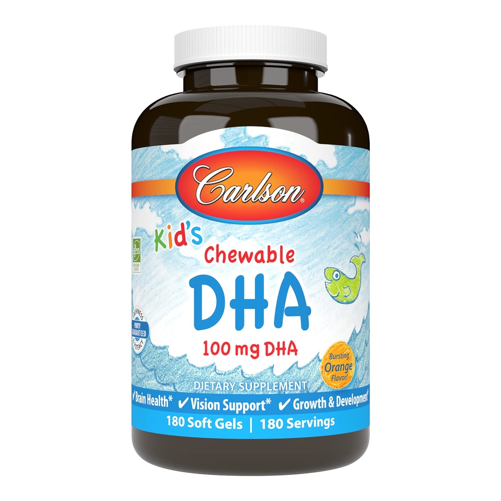 Carlson - Kid 's Chewable DHA, 100 mg DHA, Brain Health, Vision Function, Growth & Development, Orange, 180 Chewable Softgels