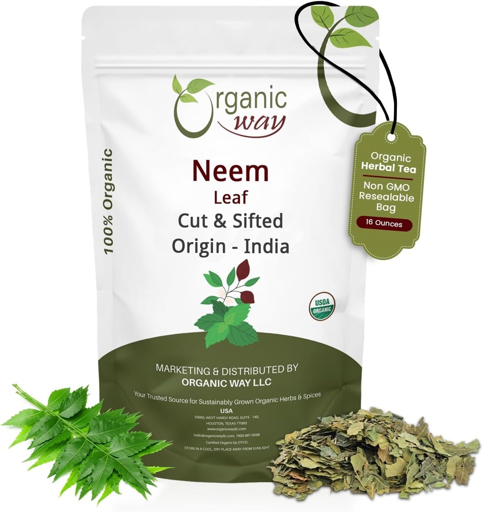 Organic Way Neem Leaf Cut and sifted | Herbal Tea | Premium Neem Leaf | USDA Certified | Non GMO & Gluten Free | Origin - India (16 oz - 1 lbs)