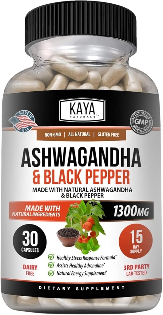 Kaya Naturals Ashwagandha Root med Black Pepper Budd124; Maksimal styrke 1300mg Adaptogen supplement, Support Adrenal, Glandulær Sundhed, Mood Relief, Fokus, Energi & Vitality for mænd og kvinder