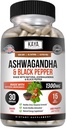 Kaya Naturals Ashwagandha Root med Black Pepper Budd124; Maksimal styrke 1300mg Adaptogen supplement, Support Adrenal, Glandulær Sundhed, Mood Relief, Fokus, Energi & Vitality for mænd og kvinder