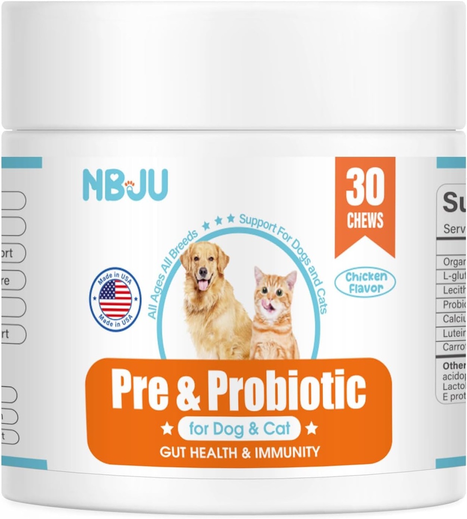 NBJU Probiotika til hunde Kat Probiotiske tykkelser Support Gut Sundhed, Immunitet Sundhed, Diarré, fordøjelsessygdomme & sæsoniske Allergier - Kylling Flavor - 30 Chews Prebiotika og Probiotika