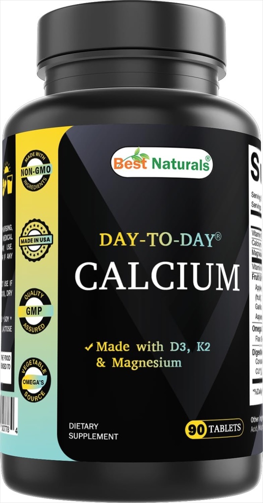 Bedste Naturals Calcium med D3 K2 Magnesium 90 tabletter - Lavet med fordøjelsesenzymer, Probiotika, Omega Blend