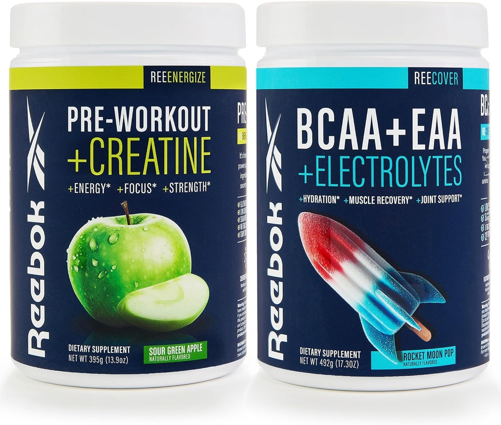 Reebok REEEnergize & REECover Bundle Note 124; Pre- workout + BCAA Performance Pack Note 124; Sour Green Apple & Rocket Moon Pop