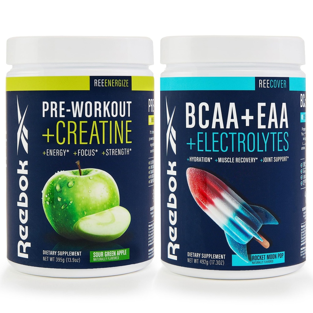 Reebok REEEnergize & REECover Bundle Note 124; Pre- workout + BCAA Performance Pack Note 124; Sour Green Apple & Rocket Moon Pop