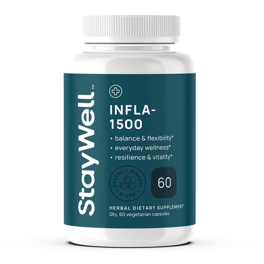 Infla- 1500 All- Natural Relief Supplement Extract Blend med gurkemeje, Hvid Willow Bark, Ashwagandha, Ginger, Boswellia, Bromelain, Omega-3 og Magnesium- 60ct