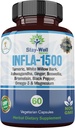 Infla- 1500 All- Natural Relief Supplement Extract Blend med gurkemeje, Hvid Willow Bark, Ashwagandha, Ginger, Boswellia, Bromelain, Omega-3 og Magnesium- 60ct