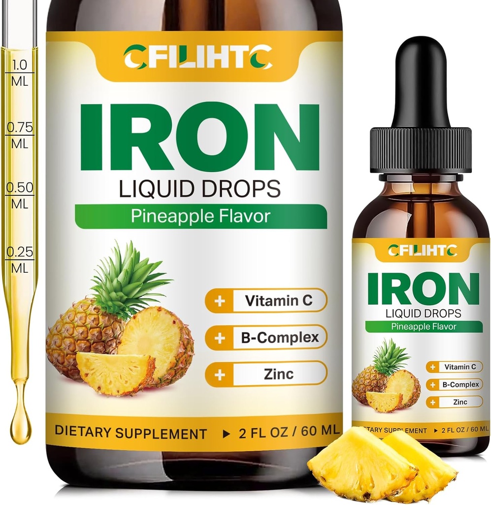 Flydende jerntilskud til kvinder Mænd og børn Multivitamin jerndråber med folat, C-vitamin, B6, B12, Zink til anæmi, jernmangel, blodbygger, energi - Natural Ananas Flavor, Vegan 2 Fl Oz