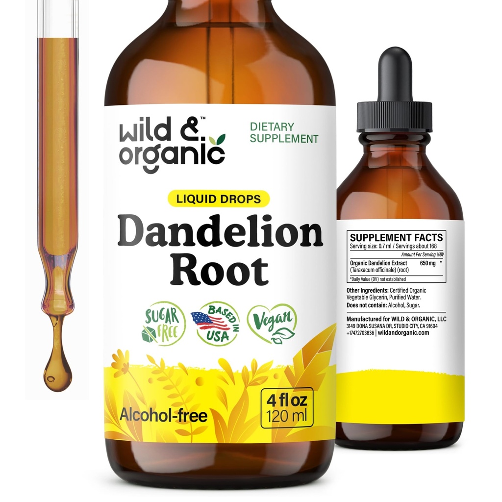 Wild & Organic Mælkebøtte Root Extract Drops - Leverensning Detox Support - Mælkebøsning Tinktur til leversundhed - Vegan, Sukker & Alkohol- Free Liquid Supplement - 4 fl oz