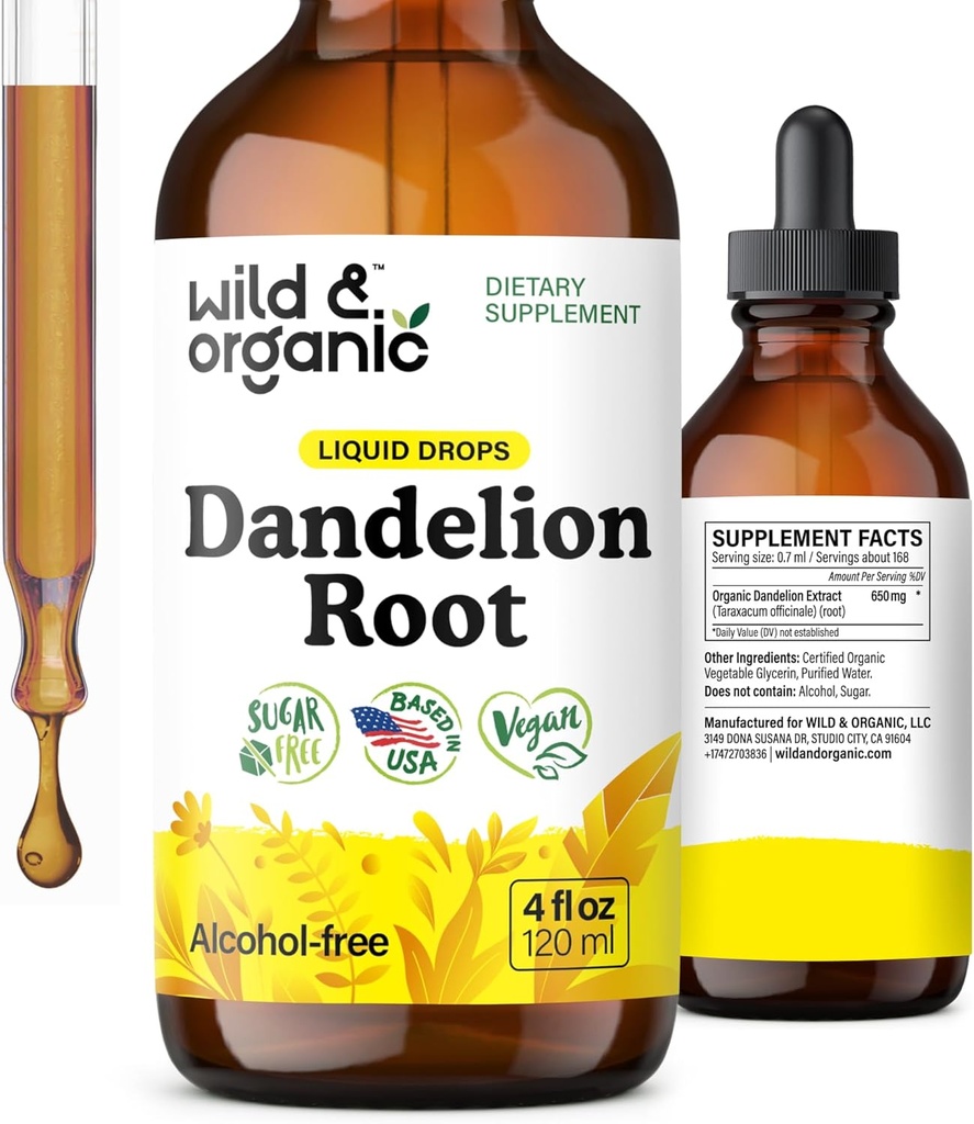 Wild & Organic Mælkebøtte Root Extract Drops - Leverensning Detox Support - Mælkebøsning Tinktur til leversundhed - Vegan, Sukker & Alkohol- Free Liquid Supplement - 4 fl oz