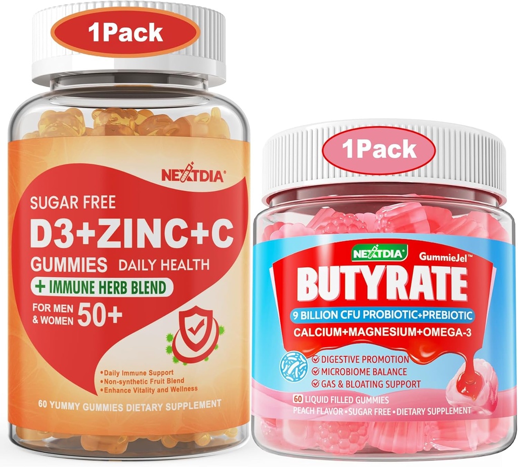 Sukkerfri C-vitamin + D3 + Zinkgummier til voksne 50 + Butyrate gummies med probiotika + Prebiotika + Postbiotika