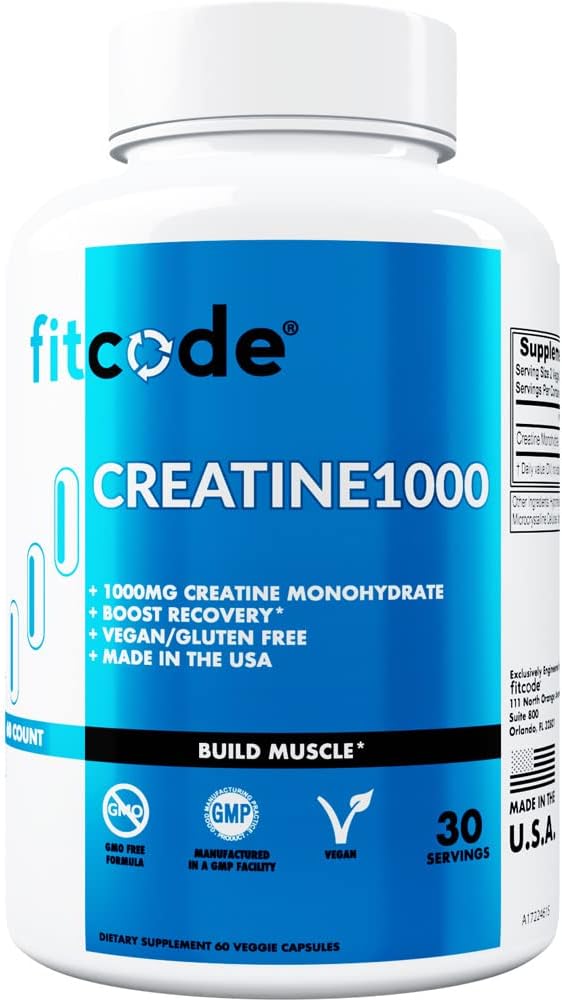 fitcode Creatine1000, 1 Gram af Pure Creatinine monohydrat i hver servering, Veggie kapsler (30 Servere)