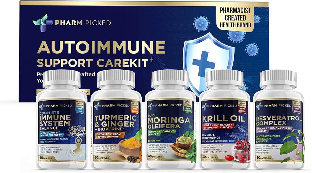 PHARM PICKED Autoimmun Support CareKit - 5 Supplement Bundle + Printed Self- Care Guide - Immunbalance, Resveratrol, Moringa, Krill Oil, Gurkemeje & Ginger - Non- GMO, Trusted af farmaceuter