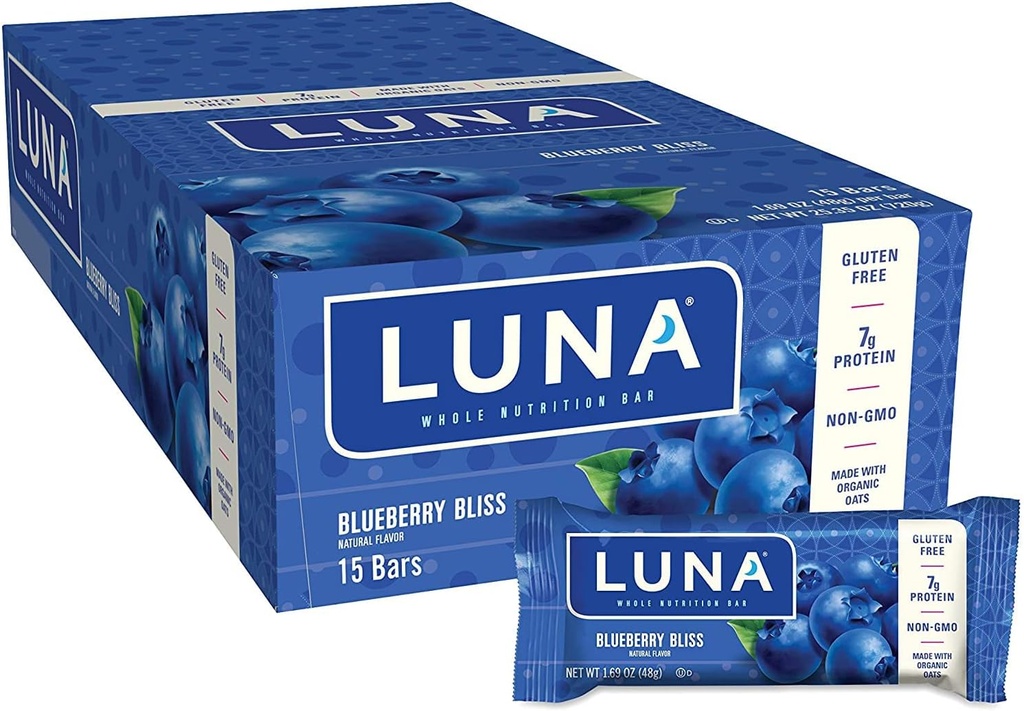 LUNA BAR - Gluten Free Snack Bars - Blåbær Bliss Flavor - 7g protein - Non-GMO - Plant-Based Grossiome Snacking - On Go Snacks (1.69 Ounce Snack Bars, 15 Greve)